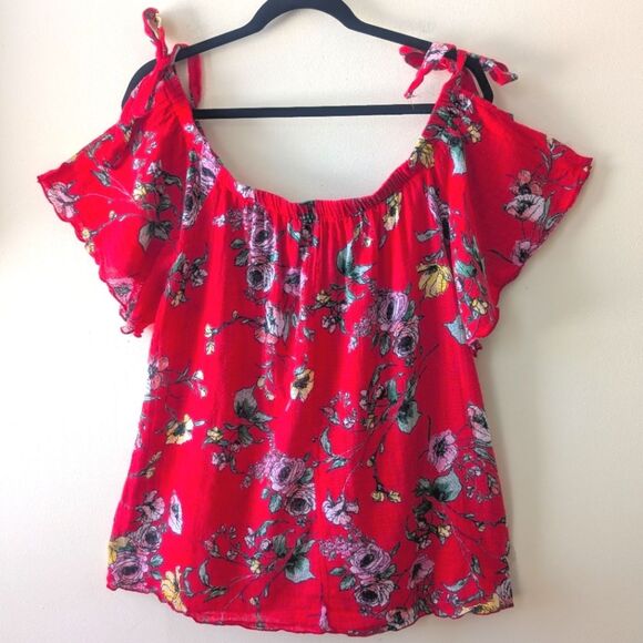 Zenobia Plus Size Linen Short Sleeve Blouse Off Shoulder Bow Red Floral 3X - Picture 4 of 9